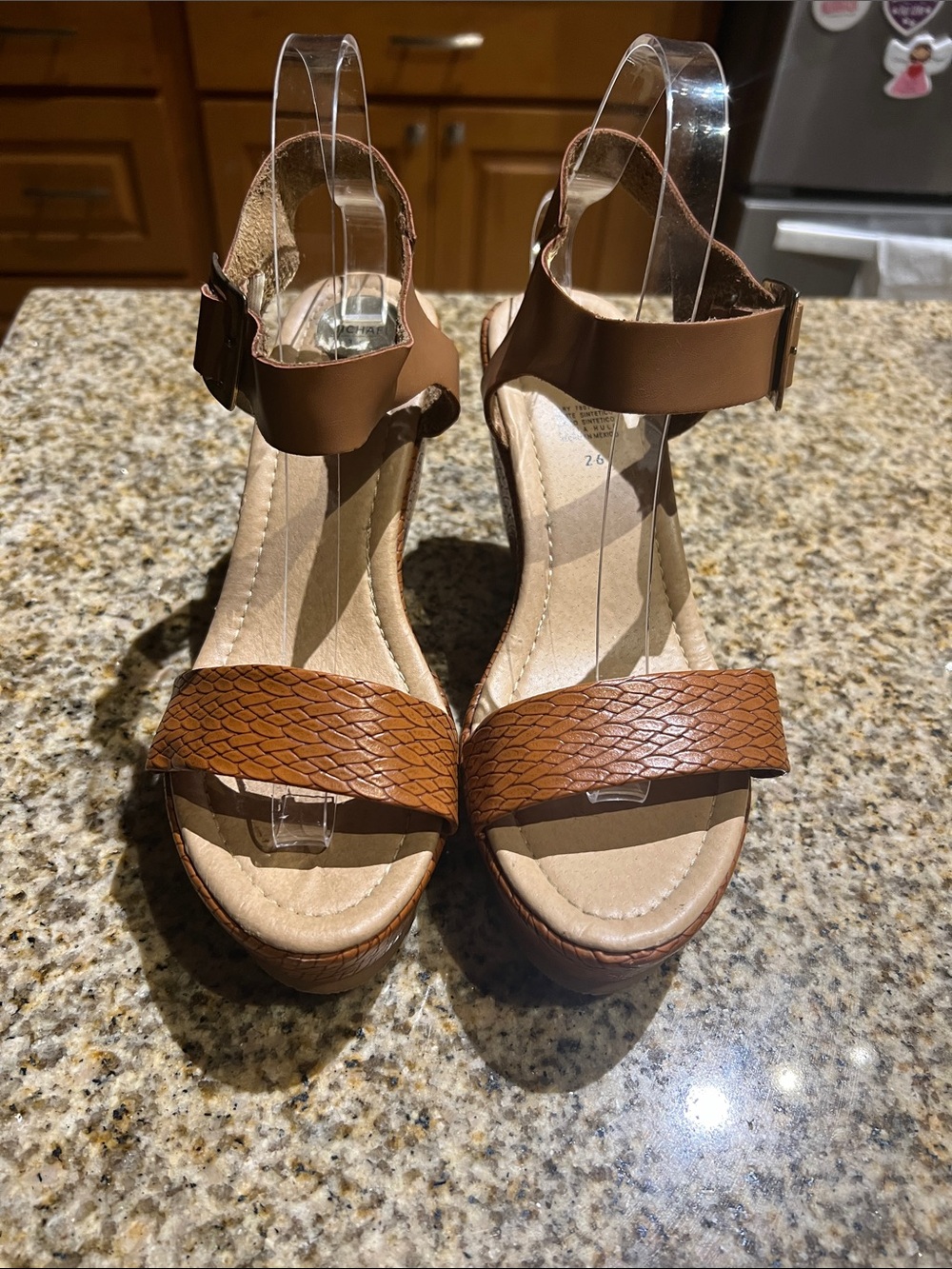 Brown Textured Platform Wedge Sandals with Ankle Strap